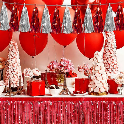 3P Red Silver Tassel Banner Garland Metallic Foil Fringe Banner Tinsel Tassels Streamer Banner Backdrop for Parade Floats, 2025 Graduation Decorations, Father's Day, Wedding Party Decoration