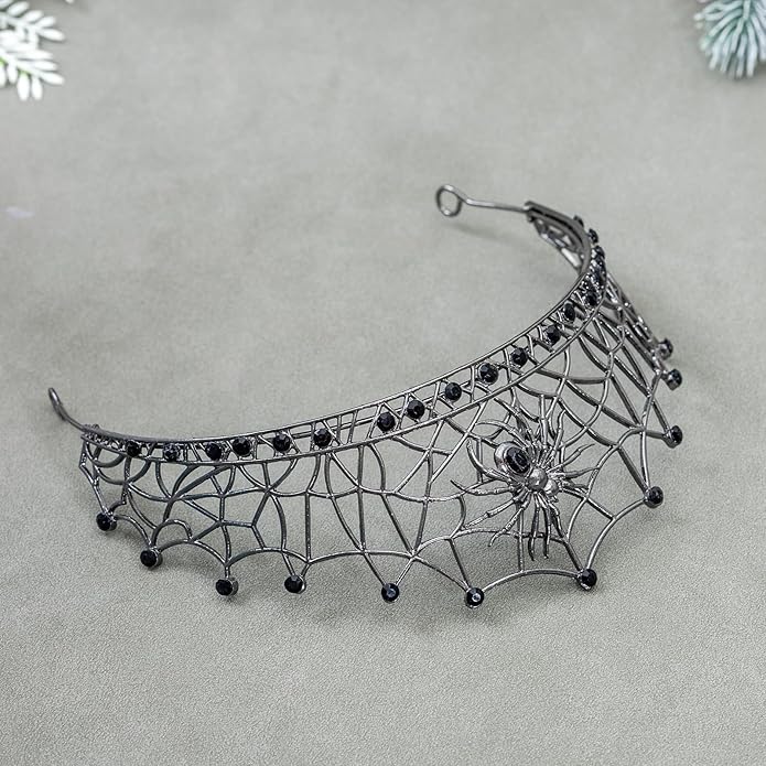 Gothic Black Spider Web Crown for Women Dark Queen Crystal Tiara Metal Headpiece Vampire Cosplay Masquerade Party Prom Night Witch Sorceress Costume Accessory