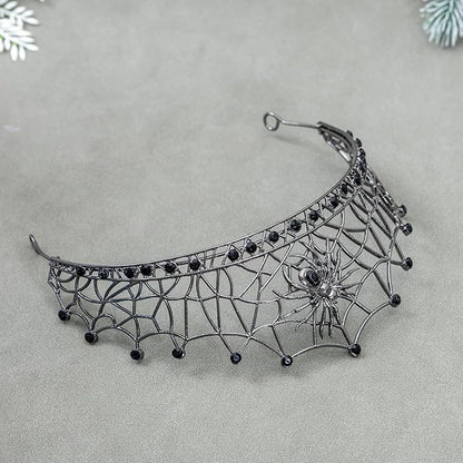 Gothic Black Spider Web Crown for Women Dark Queen Crystal Tiara Metal Headpiece Vampire Cosplay Masquerade Party Prom Night Witch Sorceress Costume Accessory