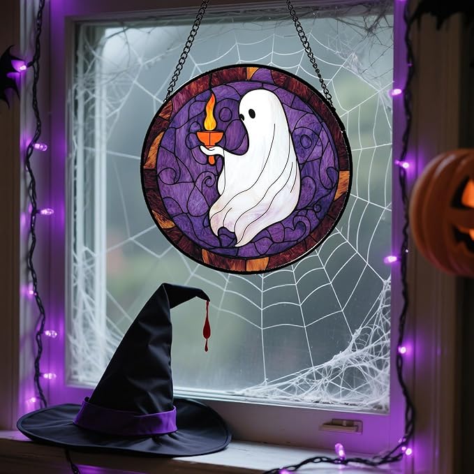 Stained Glass Window Hanging - Halloween White Ghost Purple Suncatcher for Doors Window Garden Spooky Candlelight Sun Catchers Gothic Decor Horror Gifts for Women Men Friend Boy Girl 11.8 in