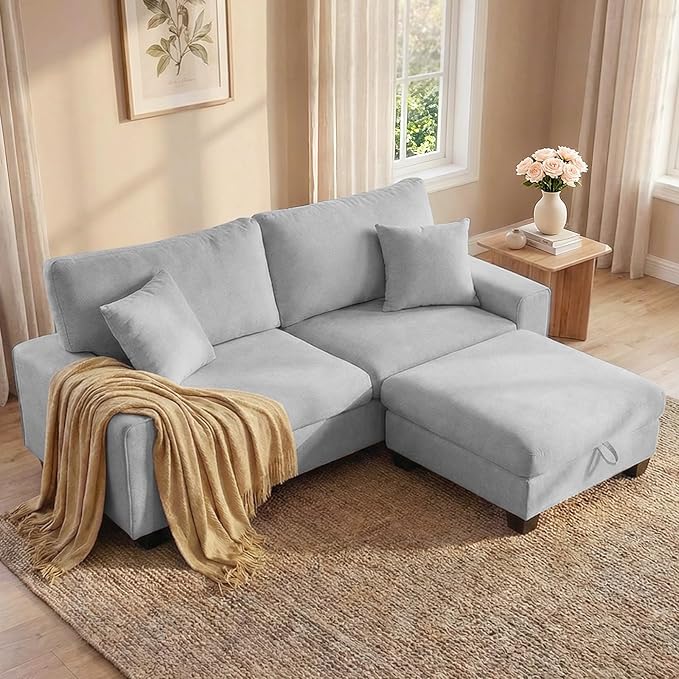 DOPEDIO L-Shaped Sectional Sofa with Storage Ottoman, Modern Chenille Recliner Loveseat, Removable Couch Covers, Pocket Spring Cushions, Solid Wood Frame, Easy to Install (88.58inch, Light Gray)