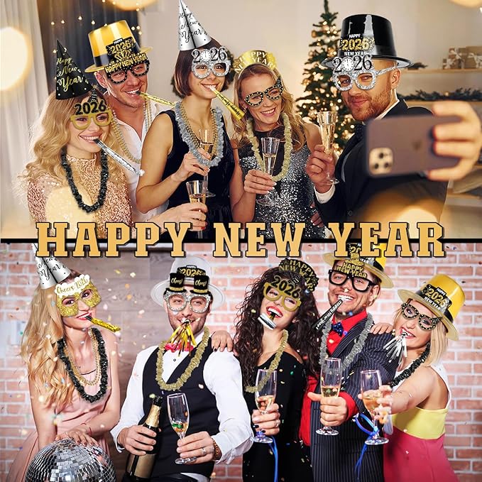 MOVINPE 2026 New Years Eve Party Supplies Bulk - Gold Black Slivery Top Hats, Cone Hats, Tiara, Glasses, Bead Necklace, Leis, Horns, Blowouts, Noiese Makers, New Year's Party Favors Event Supplies
