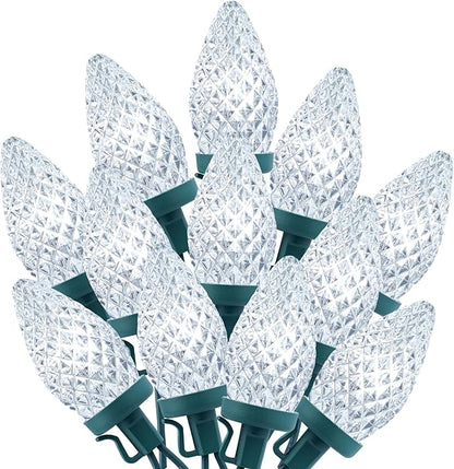 Brightown C9 Christmas String Lights White, 66ft 100 LED Faceted Christmas Lights on Green Wire, Plug-in Large Bulb Strawberry String Lights for House Roof Roofline Christmas Tree Party Outdoor