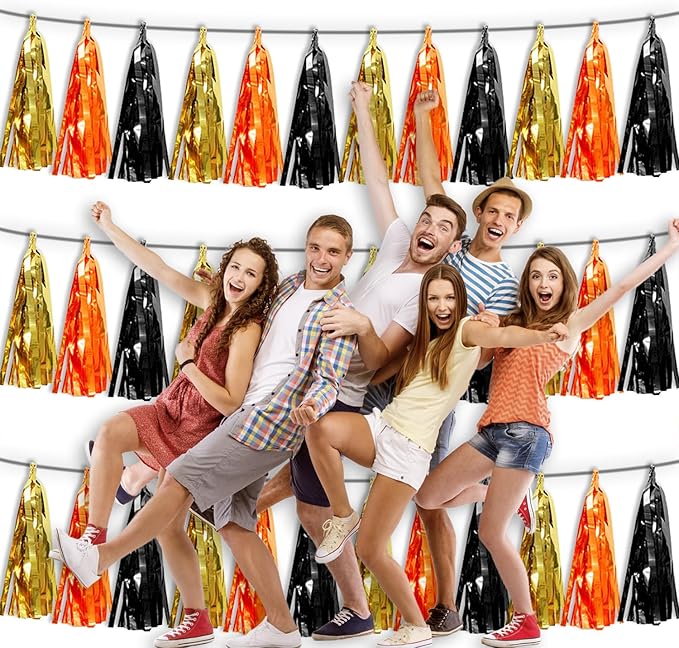 3P Orange Gold Black Tassel Banner Garland Metallic Foil Fringe Banner Tinsel Tassels Streamer Banner Backdrop for Parade Floats, Graduation Decorations, Halloween, Christmas Decorations