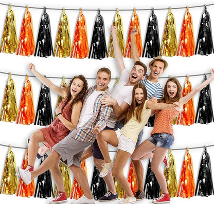 3P Orange Gold Black Tassel Banner Garland Metallic Foil Fringe Banner Tinsel Tassels Streamer Banner Backdrop for Parade Floats, Graduation Decorations, Halloween, Christmas Decorations