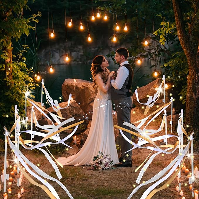 60PCS Light Up Wands,Wedding Wands Ribbon Streamers with 3 Colorful Flashing Modes,LED Silk Fairy Wands with Bells for Wedding Party Favors,Easter,July 4th,Birthday Decor(Champagne)