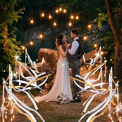60PCS Light Up Wands,Wedding Wands Ribbon Streamers with 3 Colorful Flashing Modes,LED Silk Fairy Wands with Bells for Wedding Party Favors,Easter,July 4th,Birthday Decor(Champagne)