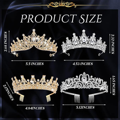 Kigeli 4 Pack Queen Crowns for Women Pageant Crown with Combs Princess Rhinestones Tiara Headband Prom Tiara for Quinceanera Birthday Cosplay Wedding(Gold and Silver)