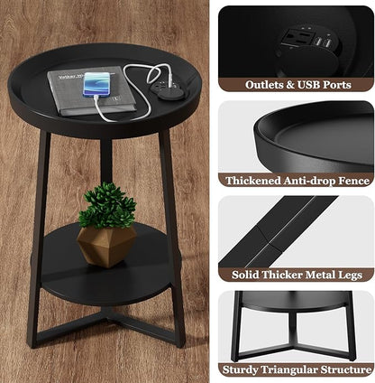 Gadroad Round End Table with Charging Station, USB Ports and Anti-Drop Fence, Wood Tabletop & Black Metal Frame, 2-Tier Side Table for Living Room, Bedroom, Black 15.7 * 15.7 * 23.0 inches