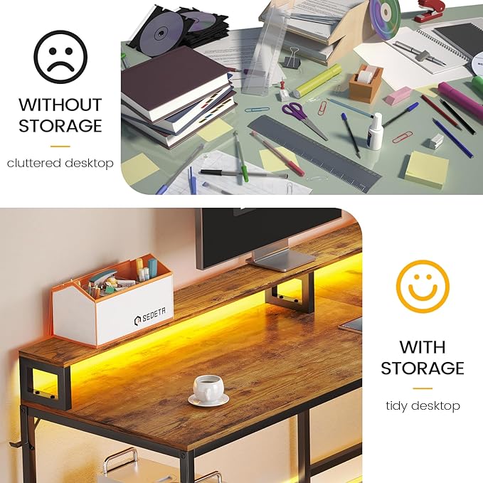 SEDETA L Shaped Office Desk, 66" Corner L Shaped Computer Desk with Wood File Drawer & Power Outlet for Home Office, Gaming Table with Led Lights, Monitor Shelf, Printer Storage Shelves, Rustic Brown