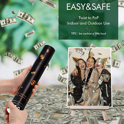 Confetti Cannon Party Poppers 12 Pack 100 Dollar Bill Money Paper Make it Rain 12 inch Confetti Shooters Bill Launcher for Business Signing Opening Activities Birthday Party Celebration