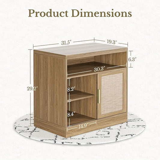 Rattan File Cabinet with Door, 32'' Lateral File Cabinet with Open Adjustable Shelves, Wood Filing Cabinet with Sliding Door for Home Office, Natural Oak