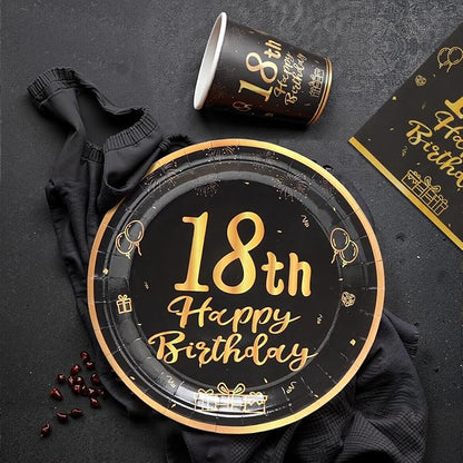 96pcs 18th Birthday Party Disposable Tableware Set for Men Women Black and Gold Paper Plates for 24 Guest Party Supplies （Include plates，cups and napkins）