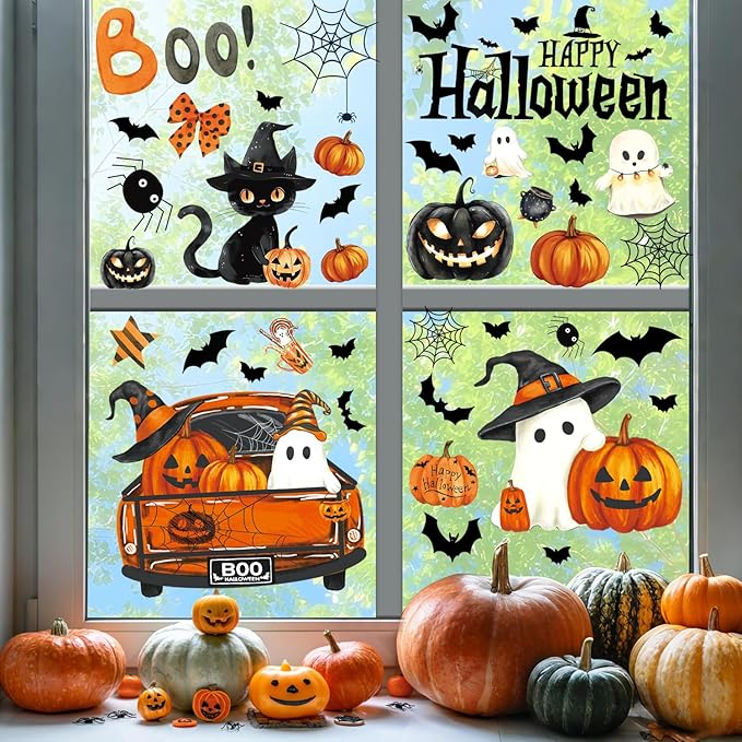 Halloween Window Clings Decorations, Ghost Pumpkin Bat Stickers Decor for Glass Windows, Large Double Sided Reusable Decals, 8 Sheets
