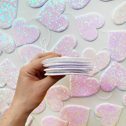 Iridescent White Heart Decorations Double Sided Sequin Fabric 3D Heart Hanging Wall Art Heart Garland Streamer for Nursery Classroom Bedroom Wall Valentines Day Holiday Weeding Anniversary Home Decor
