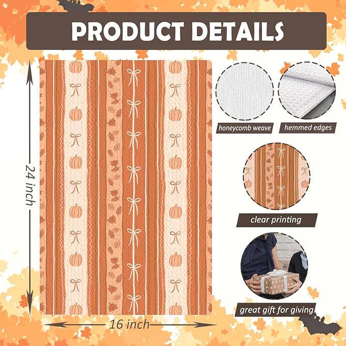 Orange Beige Fall Kitchen Towels, Coquette Bow Autumn Pumpkin Dish Tea Towels for Kitchen Decor, Farmhouse Fall Thanksgiving Decorative Hand Towel for Bathroom, 16x24 Inches