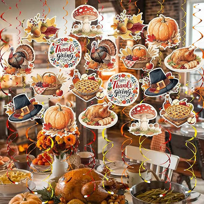 Thanksgiving Hanging Swirl Set Party Decorations, 48 Pcs, Autumn Theme Pumpkin Maple Leaf Turkey Party Supplies Sign,Orange Brown Red