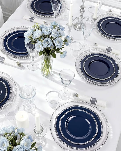 Hioasis 175pcs Blue Silver Plastic Plates - Silver Plastic Dinnerware Set Includes 25 Dinner Plates, 25 Dessert Dinnerware, 25 Cups, 25 Napkins Perfect for Wedding & Party