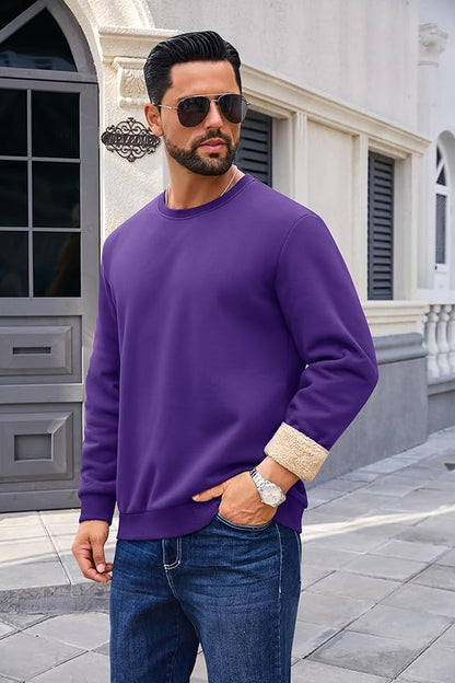 Boladeci Men's Full Sherpa Lined Crewneck Sweatshirts Heavy-weight Fleece Pullover Thick Thermal Long Sleeve Cotton