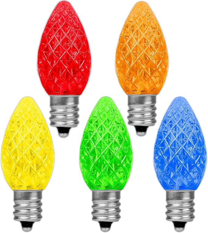 Novelty Lights 25PK C7 LED Faceted Ultra Bright Dimmable Outdoor Christmas Light Replacement Bulbs LED Replacement Bulbs, LED Bulbs, Outdoor Light Bulbs String Light Bulbs (Multicolor)