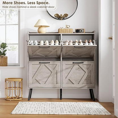 Nicetree Shoe Cabinet with 4 Flip Drawers, Freestanding Shoe Organizer Cabinet, Farmhouse Narrow Shoe Storage Cabinet for Entryway, Foyer, Hallway, Gray