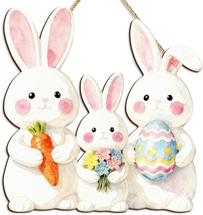 Kercan Easter Cross Wall Decoration with Purple Fabric, White Lily Flowers and Dove, He is Risen Wood Sign, 14.2x9.8 Inch Religious Home Decor (Rabbit-C)