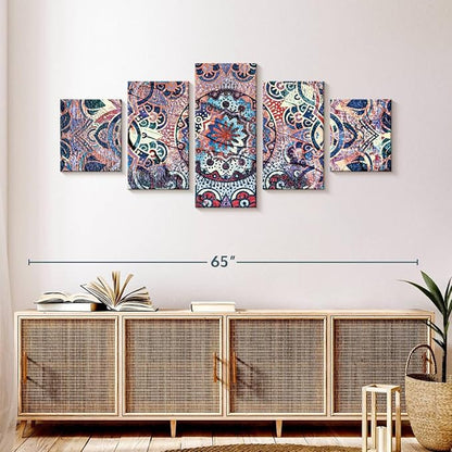 ElephantStock - Mandala Enchantment Wall Art - Horizontal Multi Panel Canvas - 5 Piece Living Room Wall Decor - Digital Art Elements Multi Piece Wall Art - Blue And Beige Decor - 55" x 24"