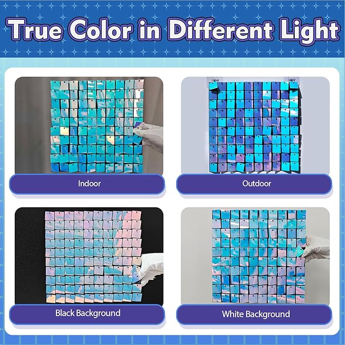 Qcity Rainbow Blue Shimmer Wall Backdrop 36PCS, Black Back Not See-Through Design, Square Sequin Glitter Backdrop Panel, Perfect for Outdoor Events, Birthdays, Wedding and Party Decoration