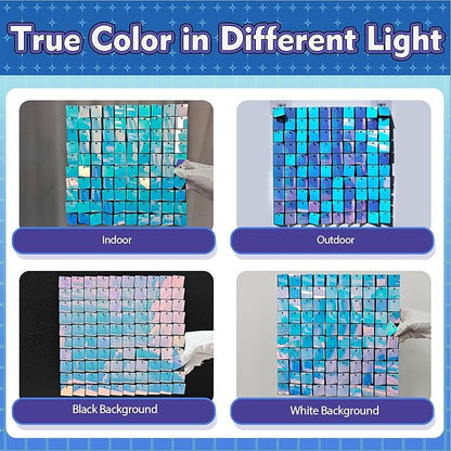 Qcity Rainbow Blue Shimmer Wall Backdrop 36PCS, Black Back Not See-Through Design, Square Sequin Glitter Backdrop Panel, Perfect for Outdoor Events, Birthdays, Wedding and Party Decoration