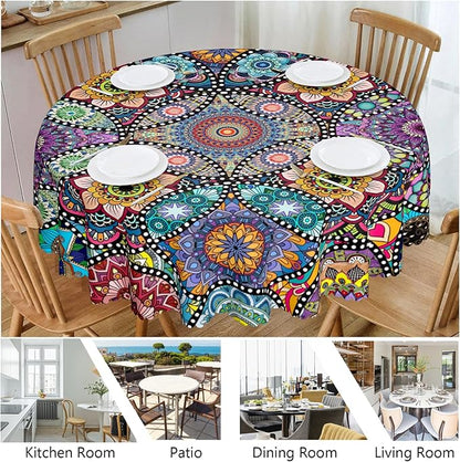 Eikione Boho Round Tablecloth, 60inch Bohemia Table Cover, Colorful Polyester Waterproof Stain Resistant, Wrinkle Free, Circle Tablecloth for Indoor and Outdoor Use