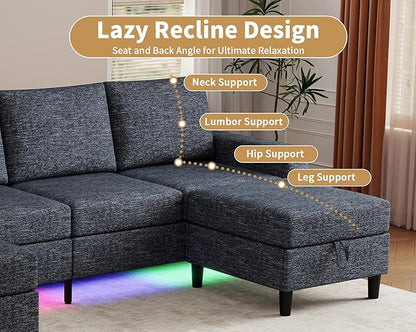 Smart Sectional Couches for Living Room, 4 Seat U/L Shaped Sectional Sofa with RGB Light/Charging, Modern Living Room Furniture for Apartments/Office/More (Blue)