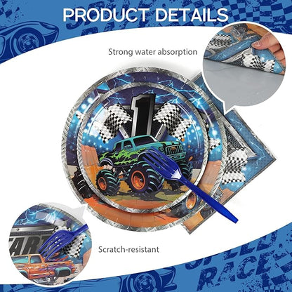 96pcs Party Plates Monster Truck Tableware Set Paper Plates Round for 24 Guests Monster Jam Disposable Party Table Supplies Kids Birthday Party Picnic (Include Plates, Forks and Napkins)