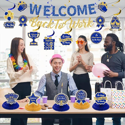 12pcs Welcome Back to Work Decorations Office Blue Gold So Glad You're Back To Work Banner and Hanging Swirls Table Centerpieces Office Party Supplies for Indoors Outdoors
