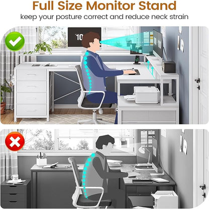 SEDETA L Shaped Desk with 6 Drawer, 108" Home Office Desk with File Drawer & Power Outlet, Corner Computer Desk with Monitor Shelf, File Cabinet, Two Person Desk, Gaming Desk with Led Lights, White