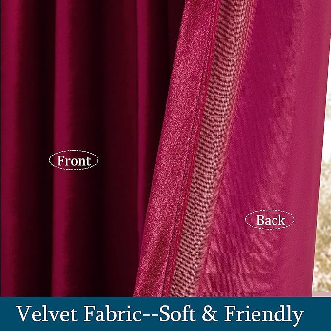 PRIMROSE Red Curtains 90 inch for Living Room Velvet Drapes Blackout Rod Pocket Back Tab Window Treatment Semi Room Darkening Decor Curtains for Bedroom Set of 2 Panels
