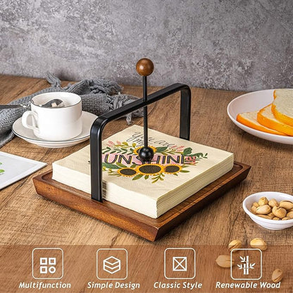 ALLCENER Wooden Napkin Holder for Table, Rustic Kitchen Decor for Counter, Cocktail Flat Napkin Holder with Weighted Arm and Handle for Kitchen, Hotel, Cafe, Bar