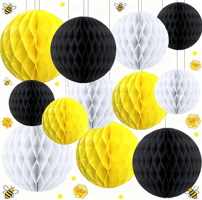 Capesaro 12pcs Black Yellow White Hanging Honeycomb Balls Decorations,Hanging Tissue Paper Pom poms Flower for Bee Summer Party Decoration(6" 8" 10" Yellow Black Set)