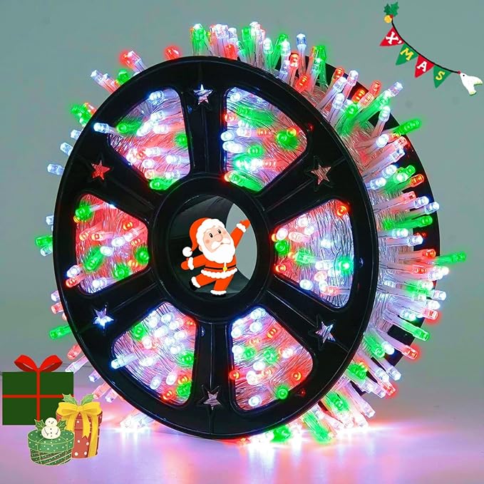JMEXSUSS 600 LED Christmas String Lights Outdoor, Red White and Green Lights Clear Wire, Christmas Twinkle String Lights Plug in for Tree Christmas Decorations
