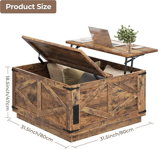 Farmhouse Lift Top Coffee Table, Square Wood Center Table with LED Lighting, USB-C Charging Station, and Hidden Storage Compartment - Rustic Brown Living Room Furniture