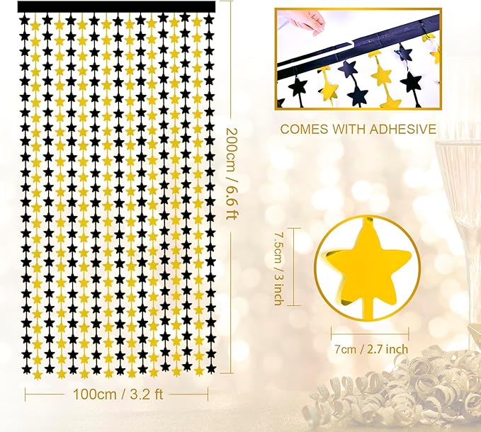 LOLStar Black and Gold Star Birthday Party Decorations 2Pack 3.3X6.6 ft Golden Photo Booth Props Backdrop Streamers Star Foil Fringe Curtains for New Year 2026 Decor Men Black Yellow Party Supplies