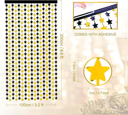 LOLStar Black and Gold Star Birthday Party Decorations 2Pack 3.3X6.6 ft Golden Photo Booth Props Backdrop Streamers Star Foil Fringe Curtains for New Year 2026 Decor Men Black Yellow Party Supplies