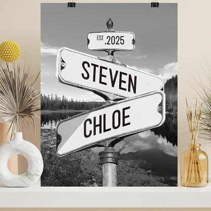 Personalized Vintage Street Sign For Couples, Custom Street Sign Canvas Poster Wall Art With Names, Gift For Valentine