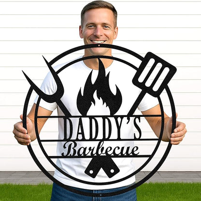 Custom BBQ Lounge Metal Sign, Personalized Grill Name Cut Wall Decor for Outdoor Patio, Rustic Backyard Barbecue Gift