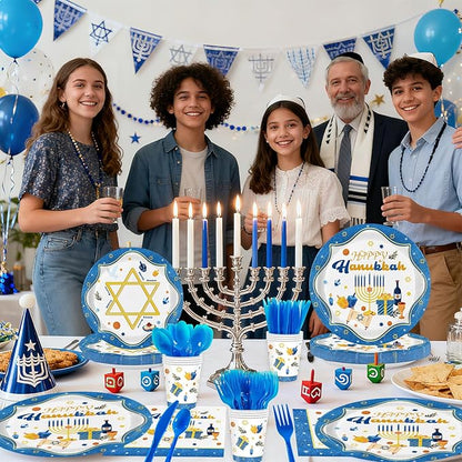 Hanukkah Plates and Napkins Set, Blue White Jewish Party Supplies for 24 Guests - Includes Disposable Paper Plates, Napkins, Cups & Cutlery for Hanukkah Decorations