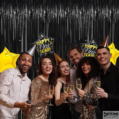 Thicken Black Streamers 2 Pack 3.2 x 8.2 FT, Black Tinsel Backdrop Curtains, Foil Fringe Photo Backdrop for New Years, Halloween, Retirement, Bachelor Party Decorations, Birthday Decorations for Men