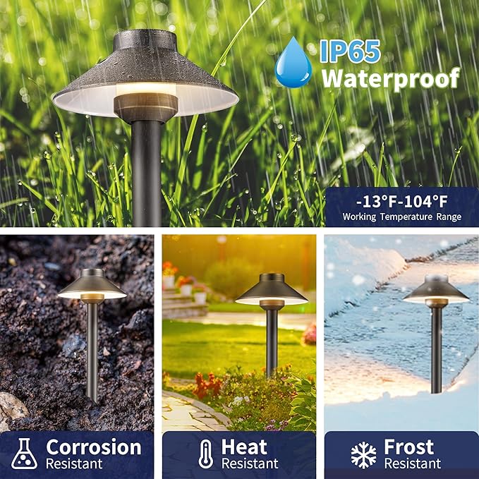 Gardenreet Low Voltage Landscape Brass Lighting - 12V LED Pathway Lamp IP65 Waterproof, Hard-Wired Bronze Path Light for Outdoor Walkway Garden with 3W 5000K Daylight G4 Replaceable Bulb (6 Pack)