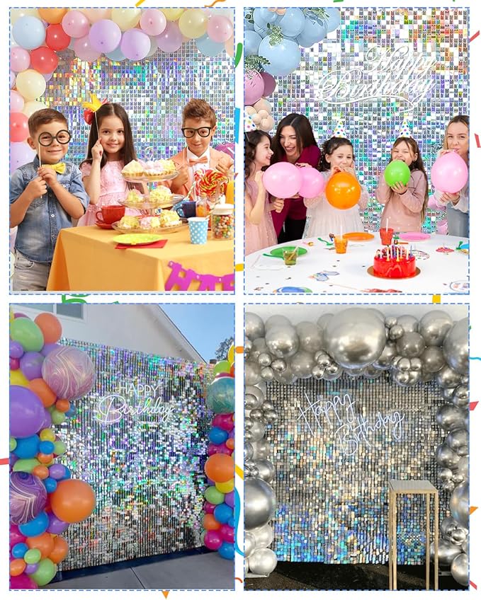 Iridescent Silver Shimmer Wall Backdrop, Sparkling Sequins, 12PCS Sequin Decoration Panels, Glitter Glam Photo Background Decorations for Birthday Party Wedding Engagement Anniversary Graduation