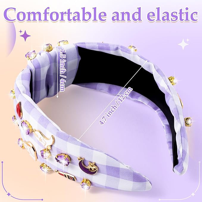 PANTIDE Music Jeweled Knotted Headband - Singer Fans Gift Guitar Red Lip Rhinestone Crystal Embellished Headband Top Knot Hair Accessories Birthday Valentine's Day Gift for Women Girl (Purple Plaid)