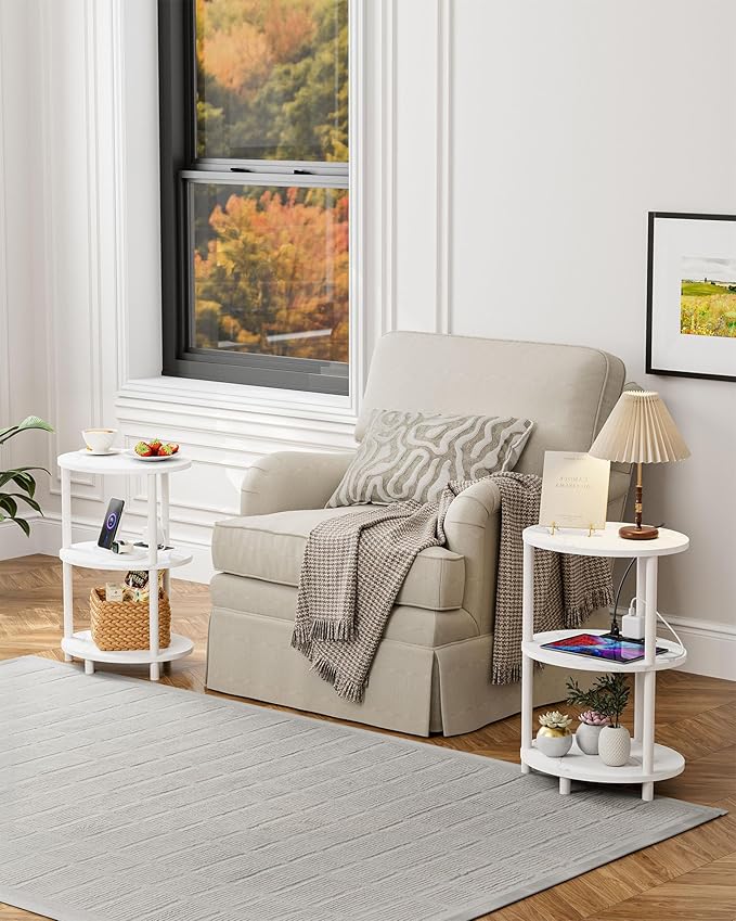 Small Round Side Table - 3-Tier Oval Accent Table for Small Spaces, Rustic Wood and Metal Nightstand for Living Room or Bedroom, with Built-in USB Ports and Power Outlet, Marble White