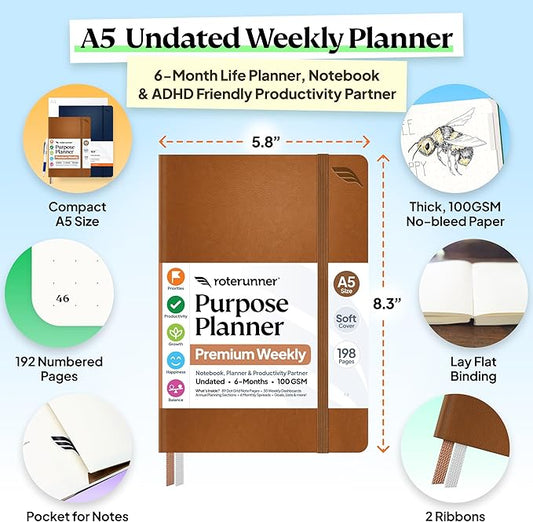 Roterunner Purpose Planner Notebook A5 5.8”x8.3” Undated 2026 Daily Weekly and Monthly Productivity Goal Setting Tool for Work Home ADHD Planner for Adults Self Care Journal (Tan Softcover)